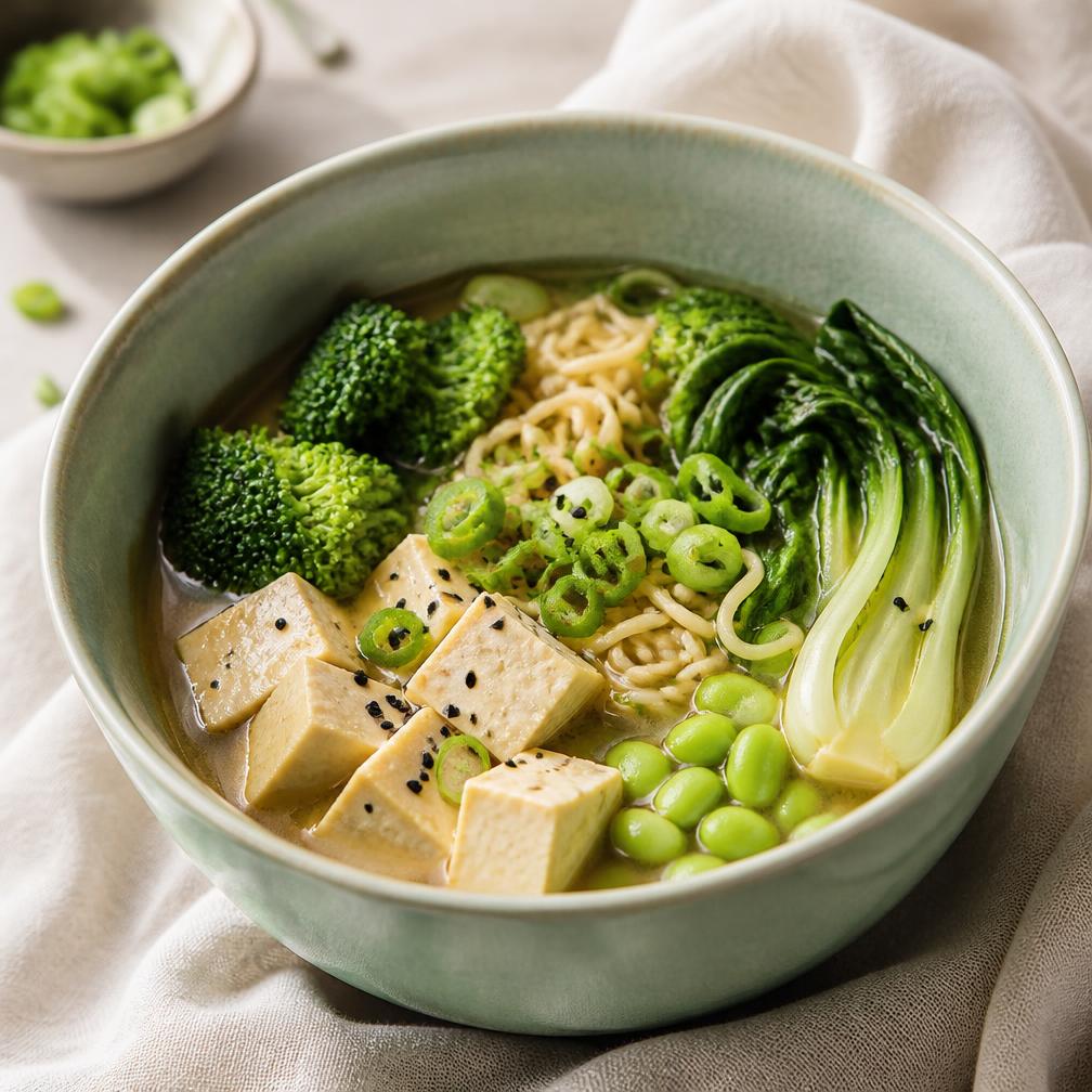 Vegetarisk grön misoramen med tofu, pak choi, edamame och broccoli