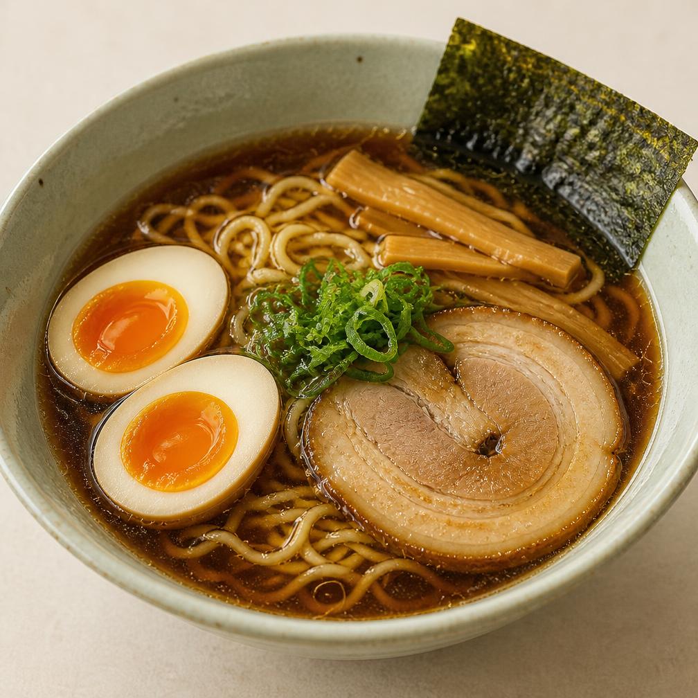 Ramen bowl med shoyubuljong, vetenudlar, ägg, bambuskott och nori