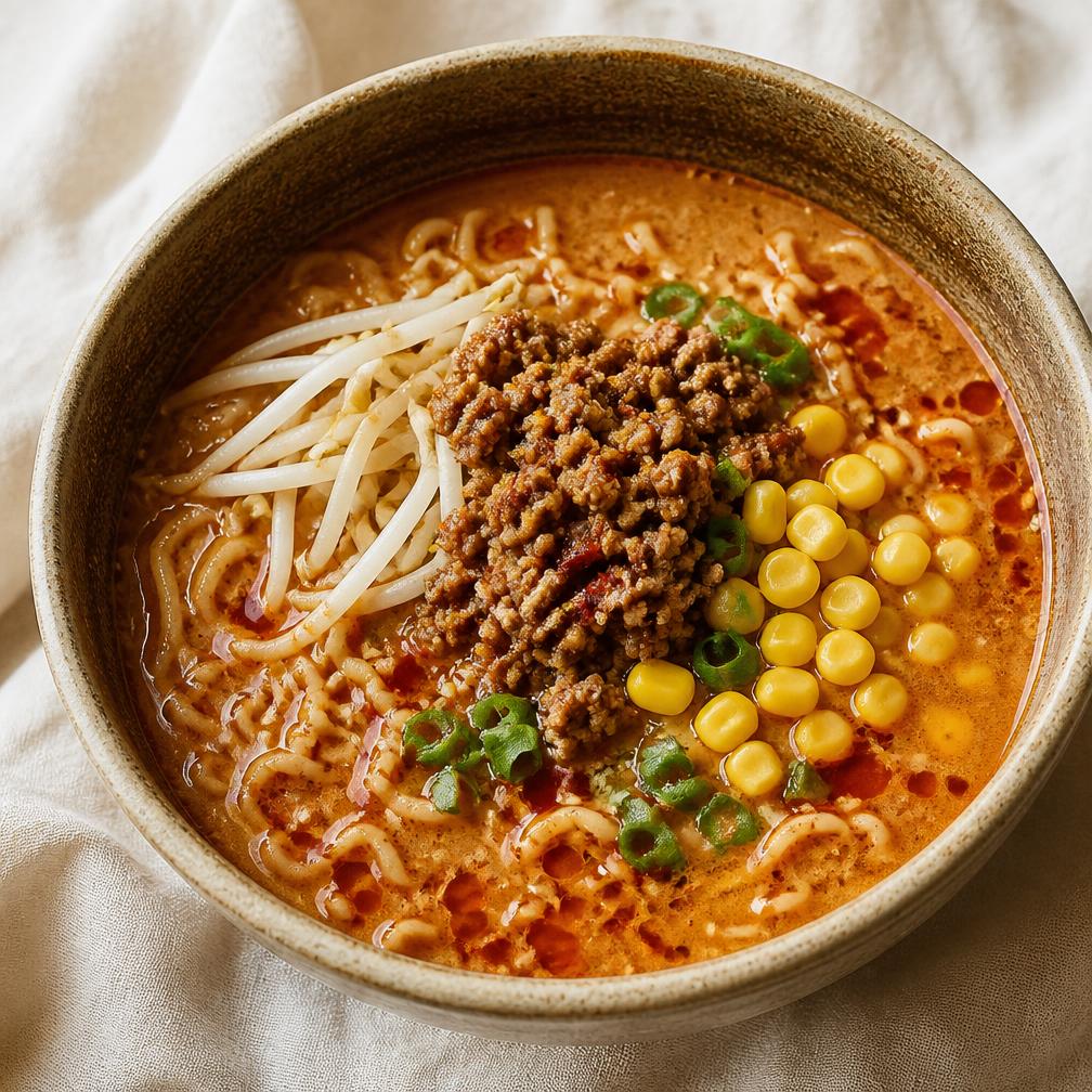 Het misoramen med köttfärs, majs, böngroddar och chiliolja