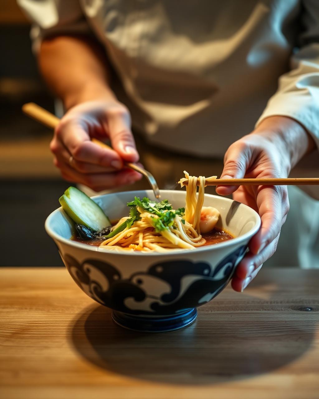 Kock lägger upp en ramen bowl på disken