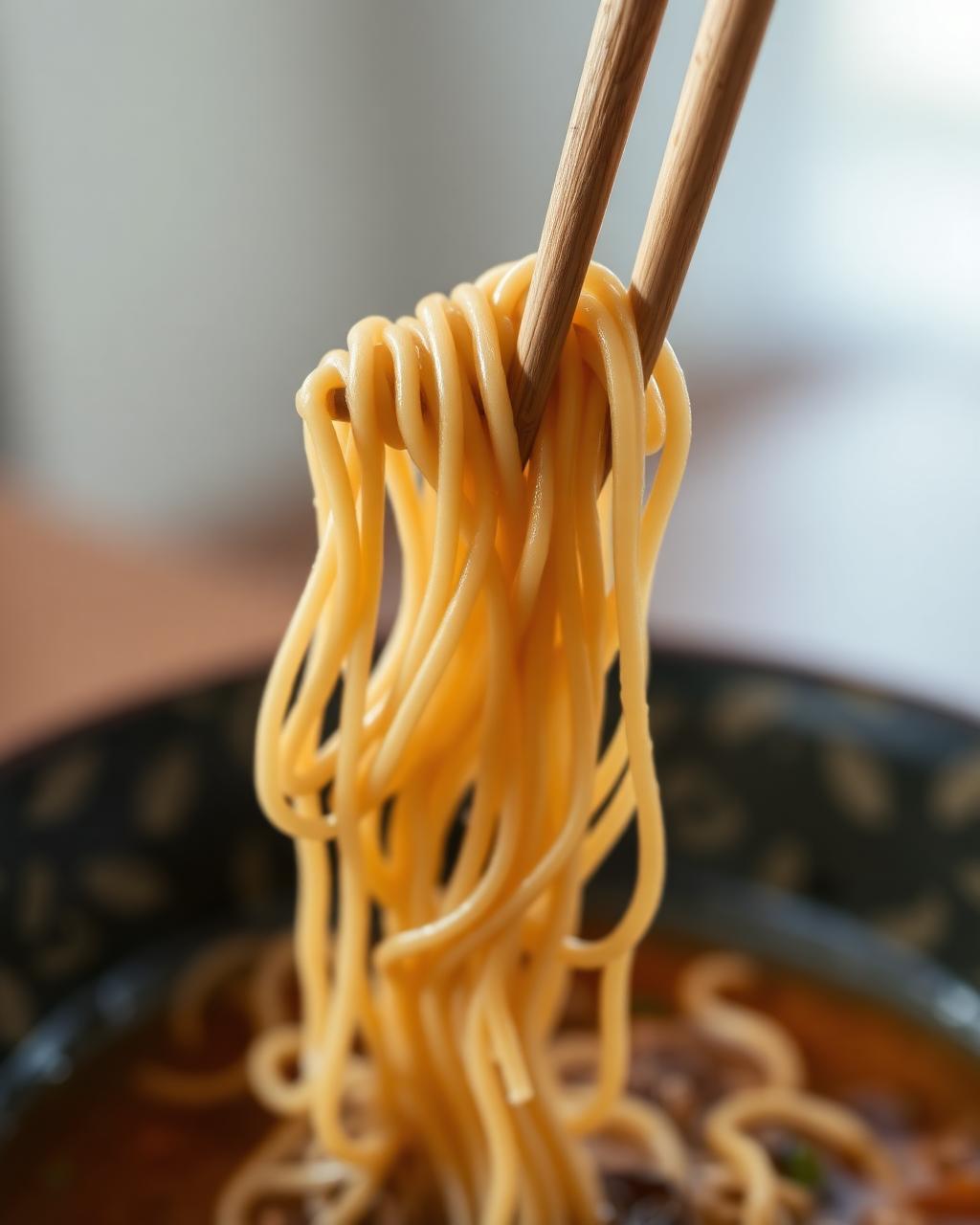 Nudlar lyfts med ätpinnar ur en skål ramen