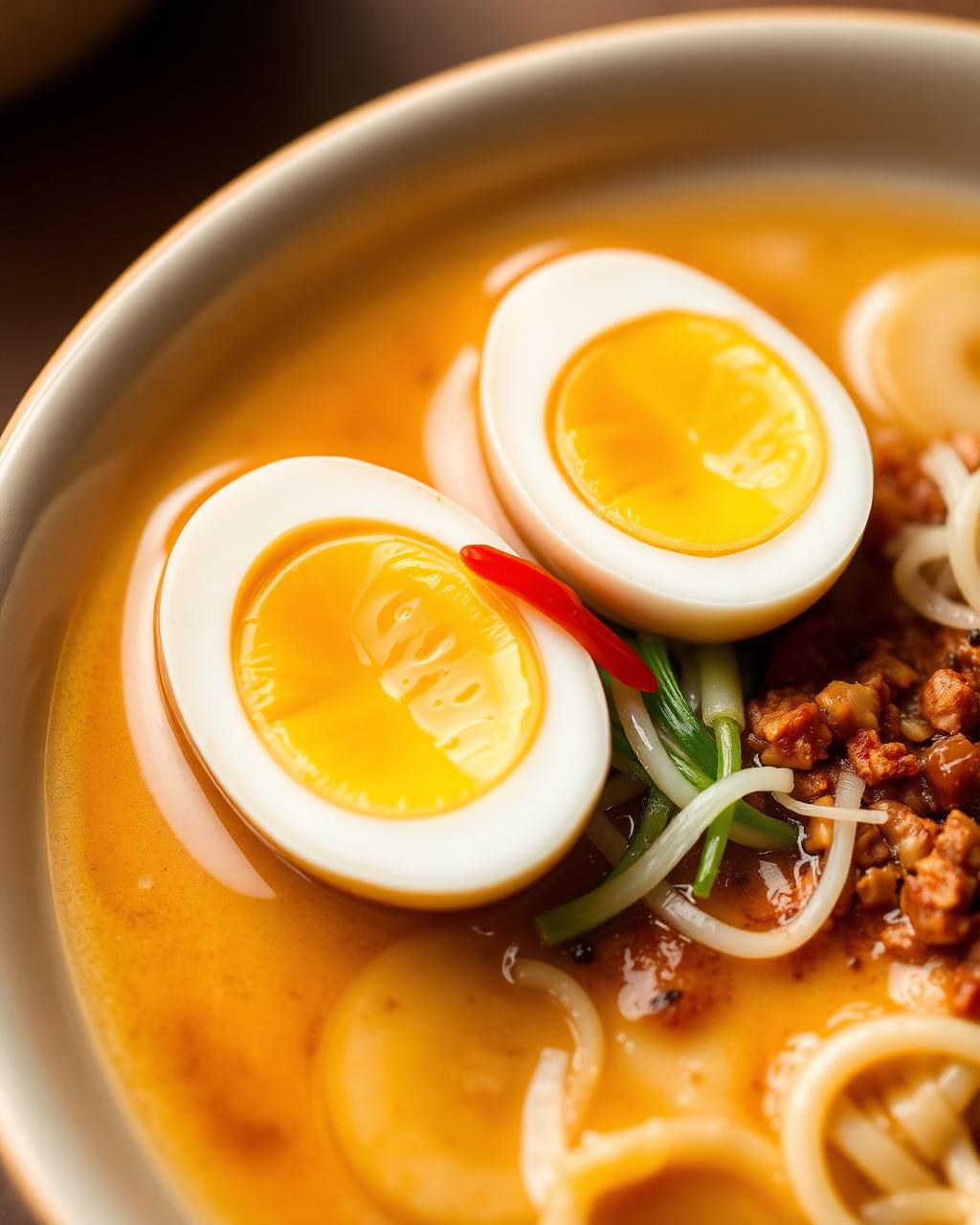 Ägg, salladslök och chili som toppings i en ramen