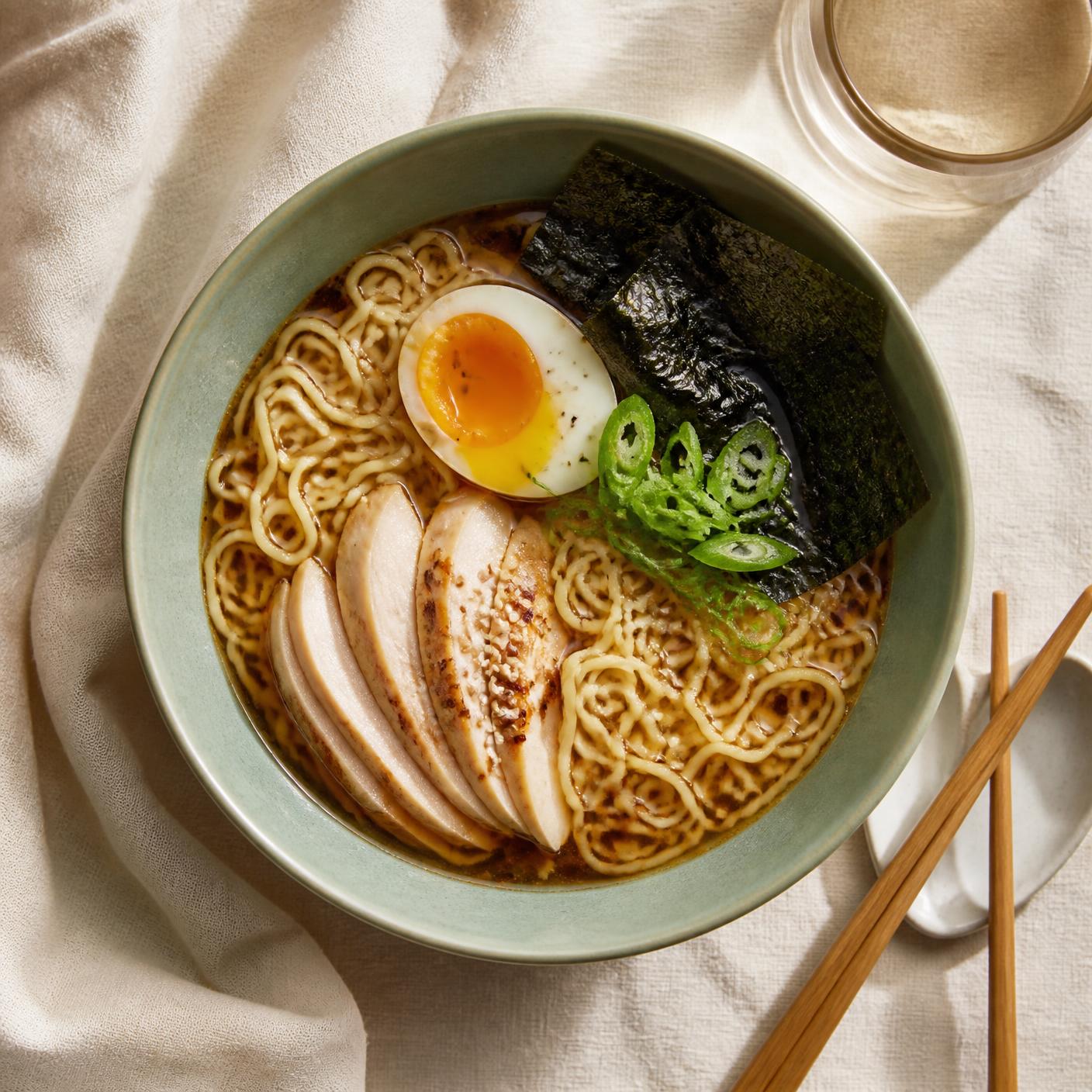 Ramen bowl med nudlar, buljong, kyckling, ägg och nori